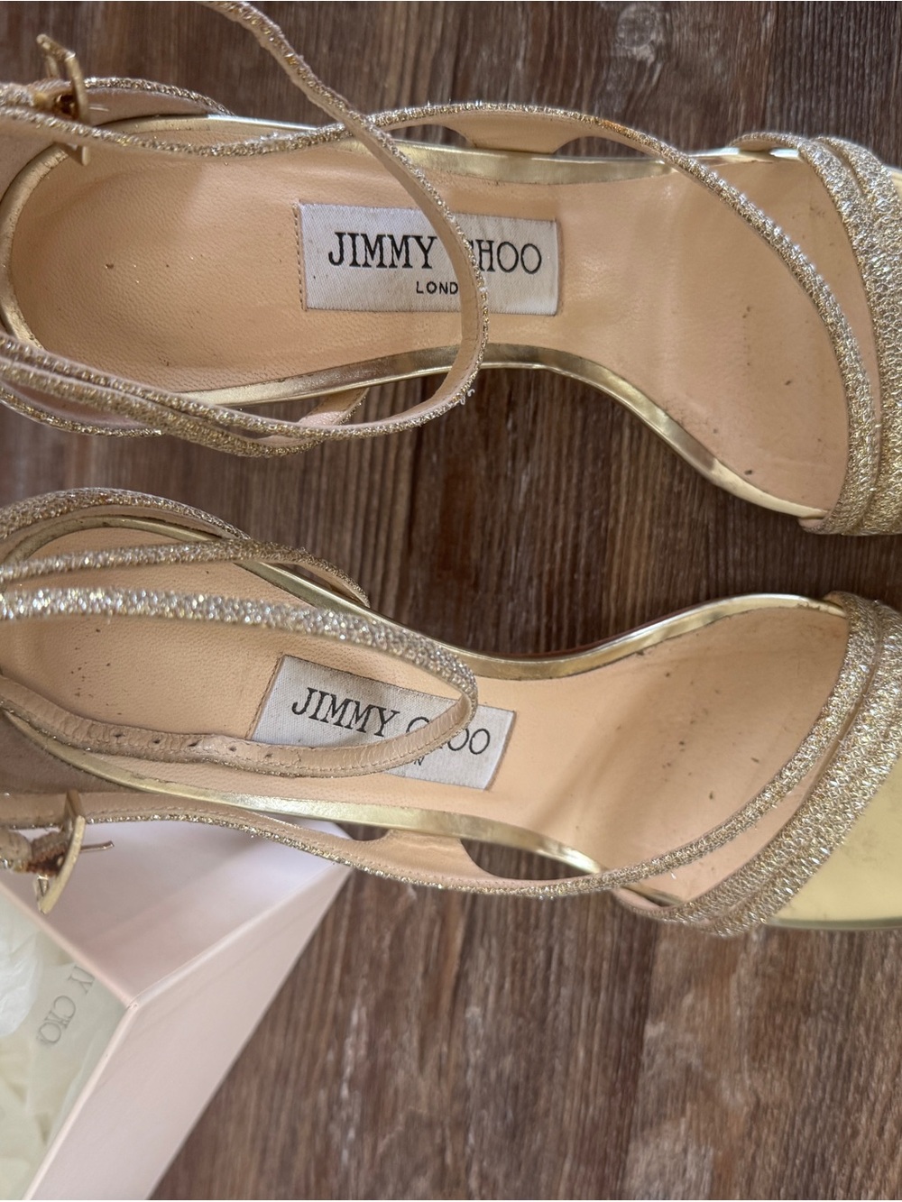 Jimmy Choo Gold Glitter Strappy Heels